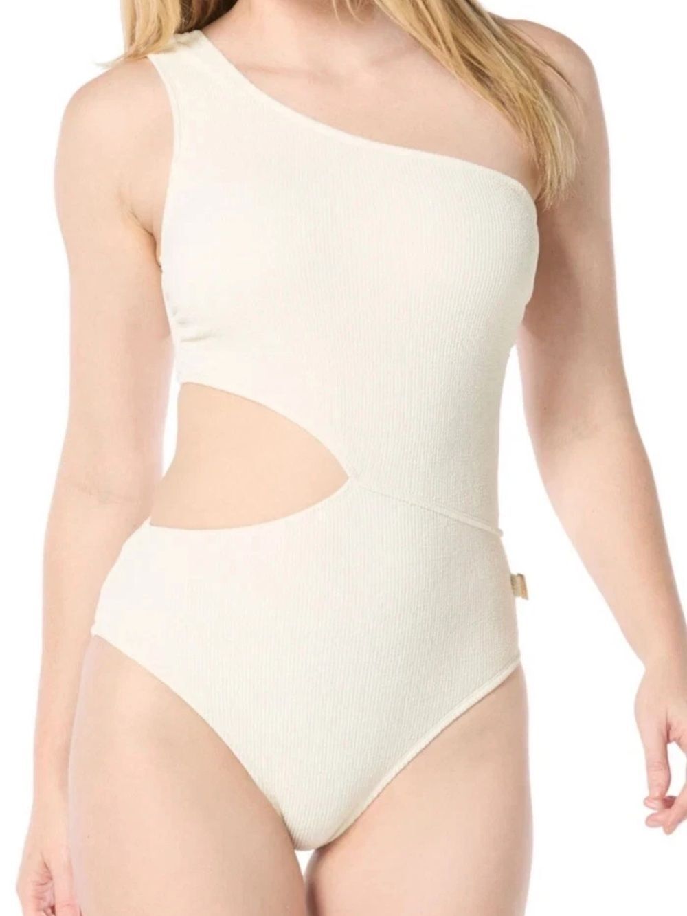 MICHAEL Michael Kors Ribbed One-Shoulder Side-Cutout Swimsuit Ivory